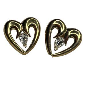 Vintage Napier Heart Shaped Earrings With Clear Stone & Gold Tone Finish